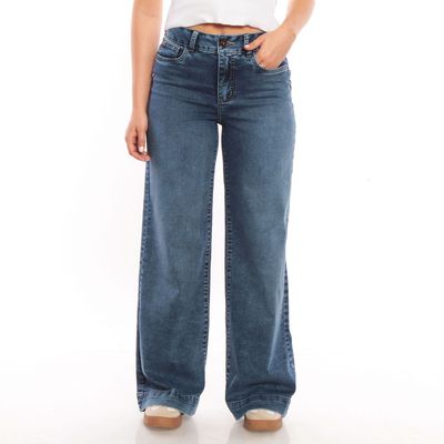 Jeans Wide Leg Tiro Alto Pretina Basica 1 Boton Push Up