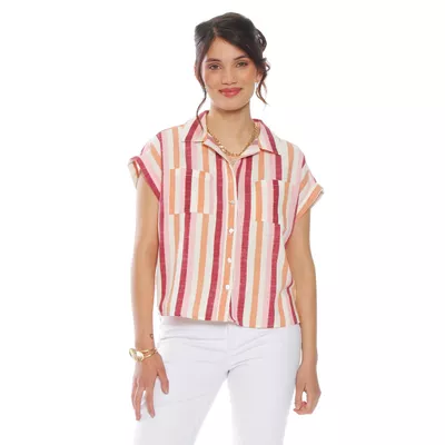 Blusa Manga Corta Listada Abotonada En Delantero  Con Bolsillo