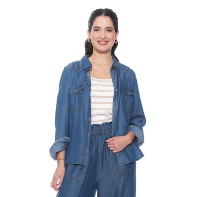 Blusa Manga Larga Lyocell Abotonada En Delantero Y Bolsillos