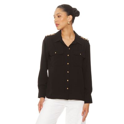 Blusa Manga Larga Abotonada En Delantero Con  Bolsillo