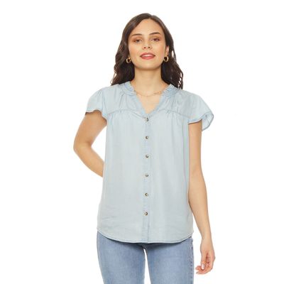 Blusa Manga Corta Lyocell Cuello Mau Ruchas Con Botones