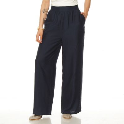 Pantalon Wide Leg Tiro Alto Con Pretina Elasticada Y Bolsillos