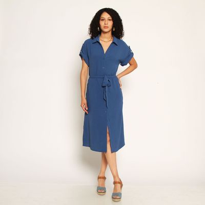 Vestido Manga Corta Abotonada En Delantero Con Lazo En Cintura