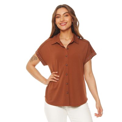 Blusa Manga Corta Abotonada En Delantero Y Aplicacion En Manga