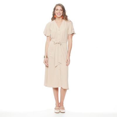 Vestido Manga Corta Solido Escote V Con Lazo En Cintura Y Bolsillos