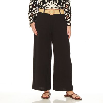 Pantalon Wide Leg Tiro Alto Pretina Basica Con Cinturon