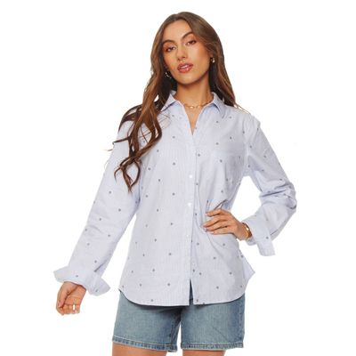 Blusa Manga Larga Listada   Abotonada En Delantero