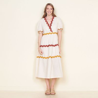 Vestido Manga Corta Solido Escote En V Con Aplicacion