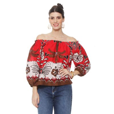 Blusa Manga 3/4 Estampadacon Escote Elasticado