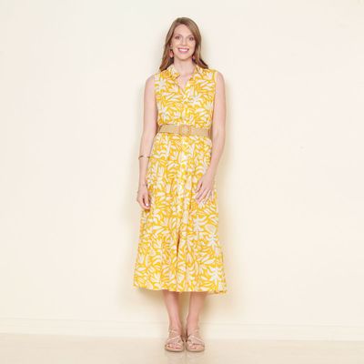 Vestido Sin Manga  Estampado Abotonado En Delantero Y Cinturon