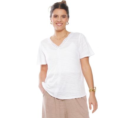 Polera Manga  Corta Solida Escote V Con Aplicacion