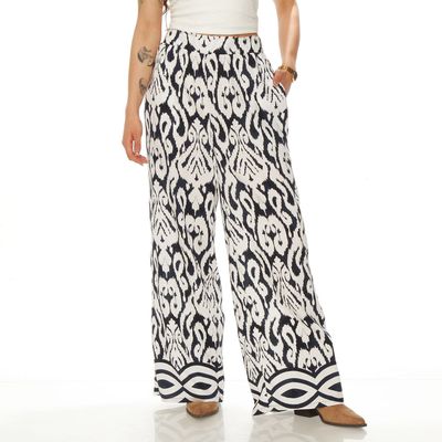 Pantalon Wide Leg Estampado Tiro Alto Pretina Elasticada