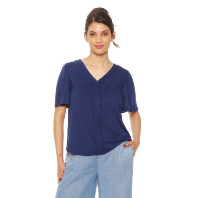 Polera Manga  Corta Solido Escote V Con Aplicacion