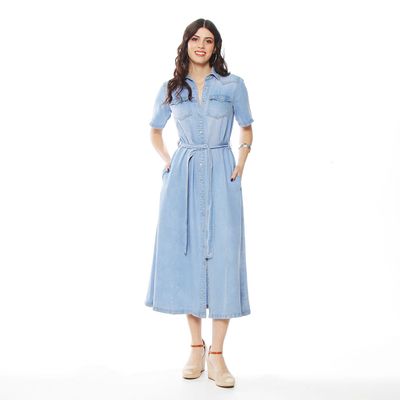 Vestido Manga Corta Lyocell Con Lazo En Cintura Y Bolsillo