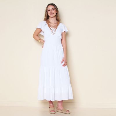 Vestido Manga Corta Solido Escote V