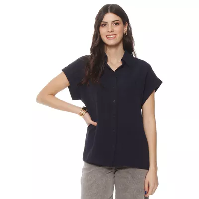 Blusa Manga Corta Con Cuello Abotonadaen Delantero Y Bolsillo