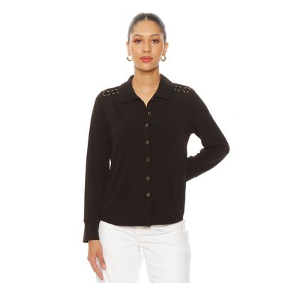 Blusa Manga Larga Abotonada En Delantero Con Aplicacion En Hombros