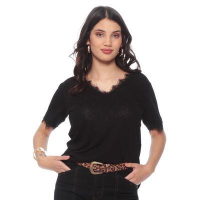 Polera Manga Corta Escote V Con Aplicacion De Encaje En Escote Y Manga