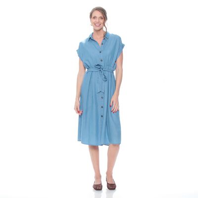 Vestido Manga Corta Lyocell Con Lazo   En Cintura