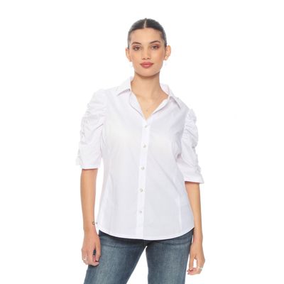 Blusa Manga Corta Con Recogido En El Centro  Abotonada En El Delantero