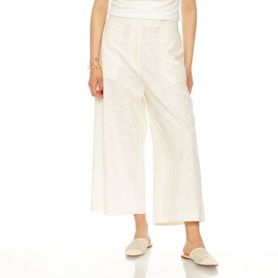 Pantalon   Wide Leg   Lino Bordado Tiro Alto Pretina Basica