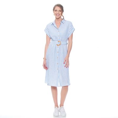 Vestido Manga Corta Listado  Con Lazo En La Cintura