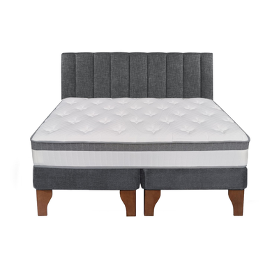 Cama Europea Stella 2 Plazas + Base Gris Patas Madera Color Caoba + Respaldo Lino Tubular Gris