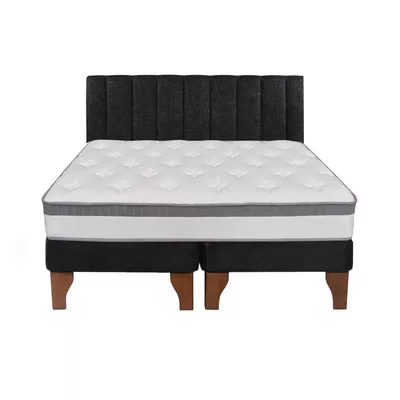 Cama Europea Stella 2 Plazas + Base Negro Patas Madera Color Caoba + Respaldo Lino Tubular Negro