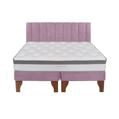 Cama Europea Stella 2 Plazas + Base Rosado Patas Madera Color Caoba + Respaldo Lino Tubular Rosado