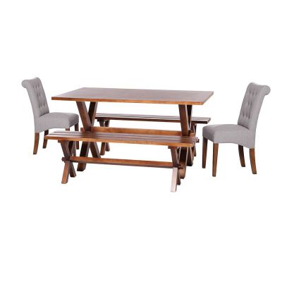 Juego De Comedor Sevilla 2 Sillas Oviedo + 2 Bancas Tela Lino Gris Claro