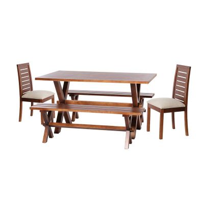 Juego De Comedor Sevilla 2 Sillas Tenerife + 2 Bancas Tela Lino Blanco