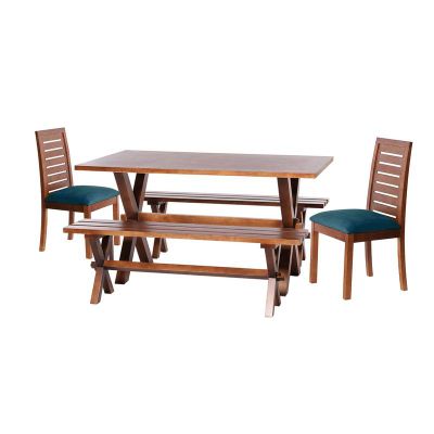 Juego De Comedor Sevilla 2 Sillas  Tenerife + 2 Bancas Tela Velvet Azul Petroleo