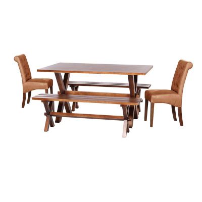 Juego De Comedor Sevilla 2 Sillas Oviedo + 2 Bancas Cuero Kentucky Tabaco