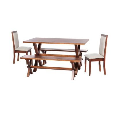 Juego De Comedor Sevilla 2 Sillas Girona + 2 Bancas Tela Lino Blanco