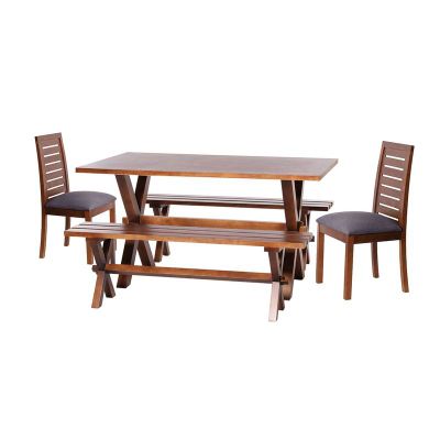 Juego De Comedor Sevilla 2 Sillas Tenerife + 2 Bancas Tela Lino Gris Oscuro