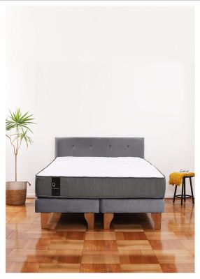 Cama Europea Zen Best 2 Plazas Colchon Resortes Base Dividida + Respaldo Tela Gris