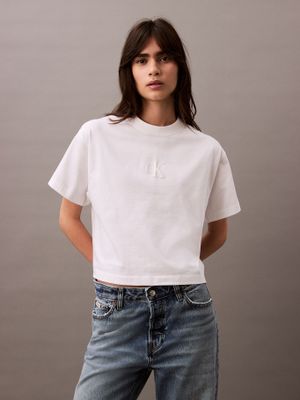 Polera Cropped con Monograma Blanco Calvin Klein