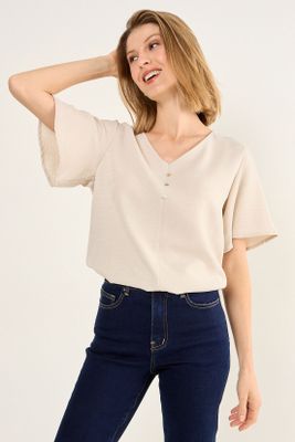 Blusa Escote V Beige Ma Griffe 14002126052106