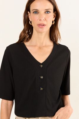 Imagen 2 del producto Polera Cuello V Acanalada Negro Ma Griffe 14202126051102