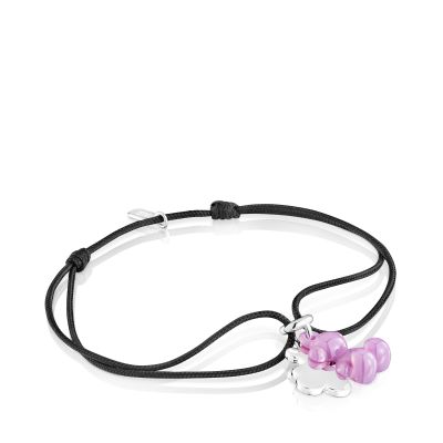 Pulsera doble oso plata, cerámica lila y nylon negro