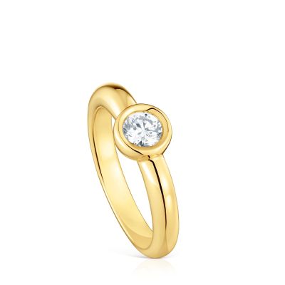 Anillo ancho baño de oro 18 kt sobre plata y diamante de lab