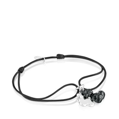 Pulsera doble oso plata con cerámica y nylon negro Bold Bear