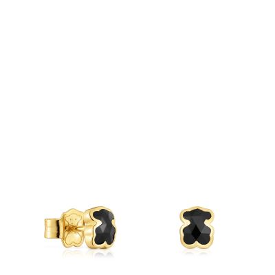 Pendientes oso oro 18 kt, plata y ónix 6 mm Icon Color