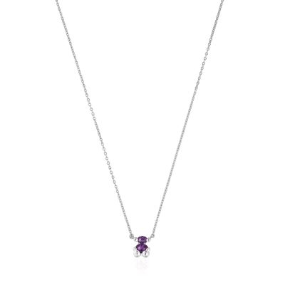 Collar corto motivo oso de plata y zafiro lila creado en laboratorio Color Bear LGG
