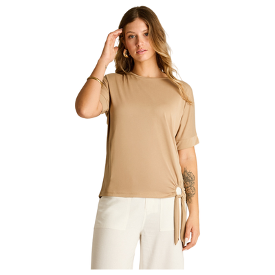 Polera Beige Manga Corta Sin Forro Calce Holgado