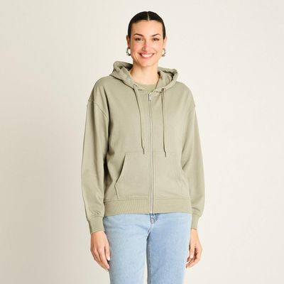 Polerón Algodón Oliva Cierre Frontal y Estampado Palm Club