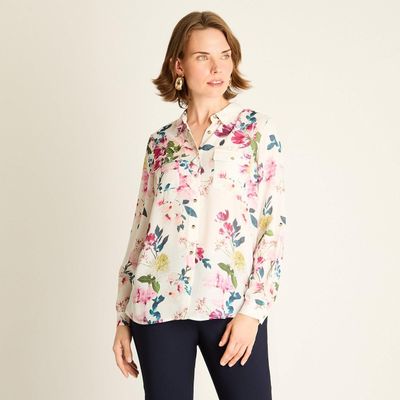 Blusa Rosada con Estampado Floral y Mangas Roll-Up