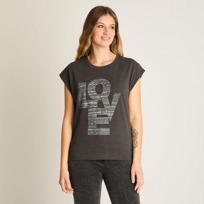 Polera Gris Oscuro Manga Corta Estampado LOVE con Brillos