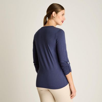 Imagen 2 del producto Polera Azul Manga Larga con Cuello Mao y Detalles Bordados