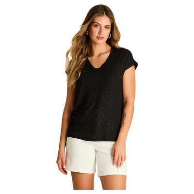 Polera Negro Manga Corta Elasticidad Media Sin Forro Calce Holgado